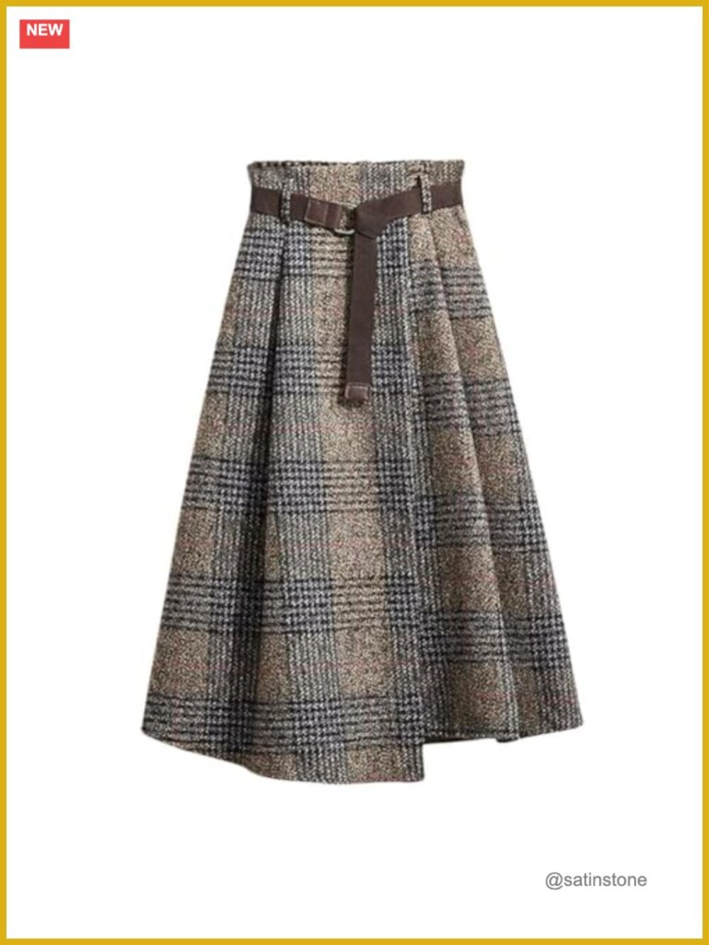 Wool Blend Plaid Midi Skirt Houndstooth A-Line with Belt